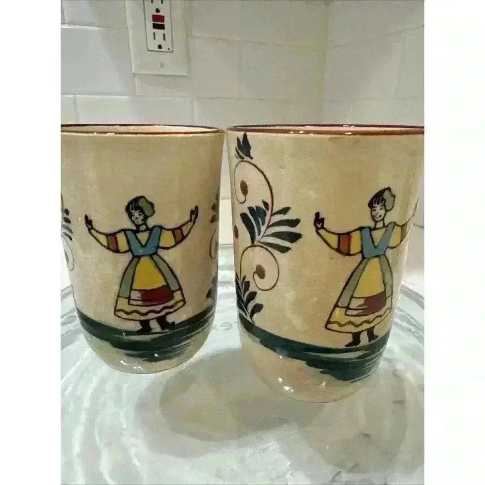 2 Vintage Nasco Quimper-Style Hand Painted Dancing Lady Ceramic Juice Cups - Picture 8 of 14